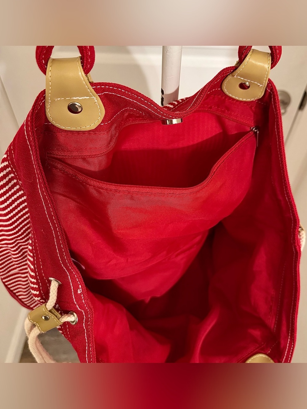 Large Red White Striped Nautical Canvas Tote Bag Anchor Charm Beach Bag - Picture 5 of 10